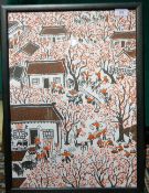 A framed Chinese picture of figures amongst houses and trees