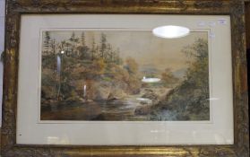 A framed watercolour of a river landscape