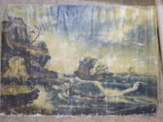 A large unframed oil on canvas of a shipwreck