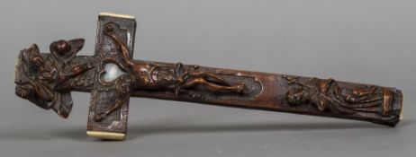 An 18th century Continental bone mounted carved wooden crucifix The reverse with sliding section