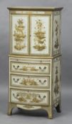 A chinoiserie lacquered bow front tall boy With allover gilt chinoiserie decoration on a white