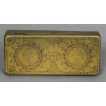 A 19th century Dutch brass tobacco box The hinged lid engraved with two portrait roundels,