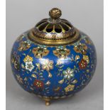 A small late 19th century Oriental cloisonne censor The pierced removable cover decorated in the