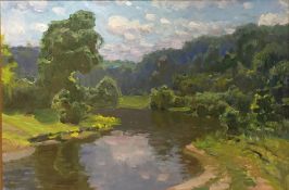 RUSSIAN IMPRESSIONIST SCHOOL (20th century) River Landscape Oil n board 49 x34 cm,