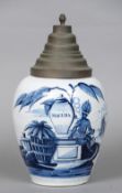 An 18th century Dutch blue and white Delft tobacco jar and brass cover Inscribed Macuba and