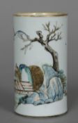 A 19th century Chinese porcelain brush pot Of cylindrical form, decorated with a fisherman,