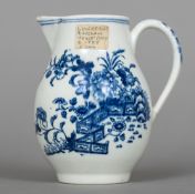 An 18th century Lowestoft porcelain milk jug Printed with Zigzag Fence pattern,