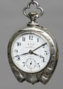 A French silver cased pocket watch Formed as a horseshoe,