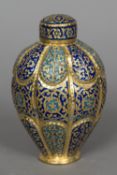 A 19th century Indian Kashmiri enamelled and gilded copper canister and cover Of baluster form,