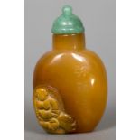 Four Chinese agate snuff bottles One carved with Buddha and signed. The former 6 cm high.