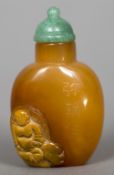 Four Chinese agate snuff bottles One carved with Buddha and signed. The former 6 cm high.