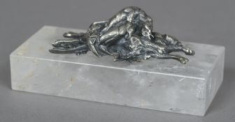 A French white metal mounted crystal desk weight The mount cast as dead game. 18 cm wide.