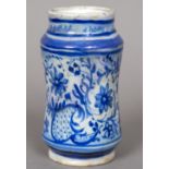 A 19th century blue and white pottery apothecary jar Of waisted cylindrical form,