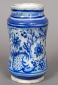 A 19th century blue and white pottery apothecary jar Of waisted cylindrical form,