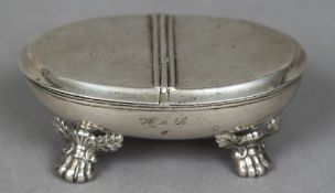 A Continental white metal box and cover, possibly a table snuff With twin hinged cover,