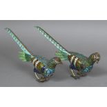 A pair of Chinese champleve and gilt metal pheasants Each naturalistically modelled. 37.5 cm long.