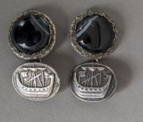 A pair of Victorian agate set silver cufflinks Each decorated with a Viking ship,