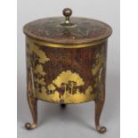 A small Art Nouveau brass and amboyna box Of lidded cylindrical form,