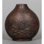 A Chinese terracotta snuff bottle Each side decorated with pagodas in a landscape,