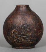 A Chinese terracotta snuff bottle Each side decorated with pagodas in a landscape,