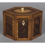 A parquetry inlaid tea caddy Of hexagonal section with hinged cover and lidded interior.