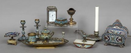 A cloisonne desk set Comprising various pieces. The largest 29 cm wide.