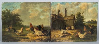 ENGLISH SCHOOL (19th century) Cockerels with Chickens in Landscapes Oils on panel Signed with the