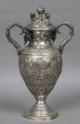 A large Chinese Export silver twin handled vase and cover, maker's mark S.