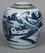 A Chinese blue and white porcelain ginger jar Worked with a fisherman in a continuous river