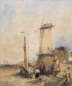 ALFRED GOMERSAL VICKERS (1810-1837) Dutch Fisherfolk on the Shore Near a Windmill Signed with