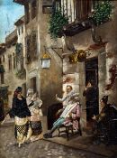 FRENCH SCHOOL (19th century) Gitinas Outside a Barbers Shop Oil on triptych mirror