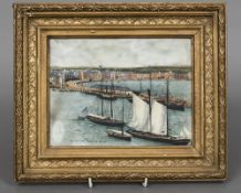 A Victorian milk glass panel painting entitled Weymouth from the Nothe Housed in a gilt frame.