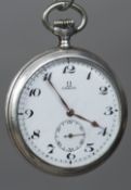 An Omega silver cased pocket watch The signed white enamelled dial with Arabic numerals and