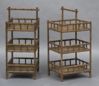 A pair of bamboo three tier etergere Each of rectangular form, the top tier with a carrying handle.