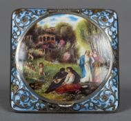 A Continental silver and enamelled compact Of square section,