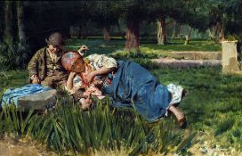 SALVATORE POSTIGLIONE (1861-1906) Italian Resting Children Oil on canvas Old label to verso for