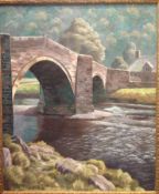 NORMAN TENNANT (born 1896) British Riverscape with Stone Bridge and Cottage Oil on canvas Signed 62