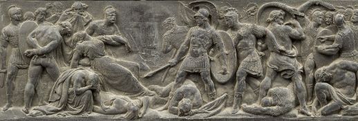After the antique An embossed bronzed metal panel worked with Roman legionnaires advancing in