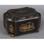 A Chinese Export tea caddy Chinoiserie decorated and enclosing two lidded compartments. 25 cm wide.