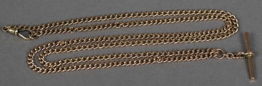 A 9 ct rose gold watch chain set with T bar 78 cm long.