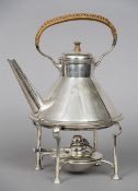 A silver plated Bruford's Devon kettle on stand with burner Of conical form in the manner of