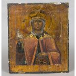 An antique Russian icon Typically painted on panel with a religious view of a saint and with text.