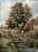 W S WRIGHT (19th/20th century) British Figure Before a Rural Cottage in a River Landscape Oil on