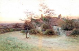 GEORGE OYSTON (1861-1937) British Figures Before a Thatched Cottage Watercolour Signed and dated