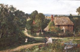 FREDERICK GEORGE COTMAN (1860-1920) British Figures Before a Cottage in a Rural Landscape Oil on