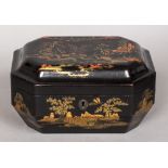 A 19th century chinoiserie lacquered tea caddy The domed hinged octagonal lid enclosing twin lidded