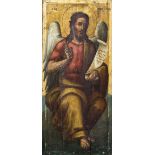 A 19th century painted icon Worked with an archangel. 33 x 73.5 cm.