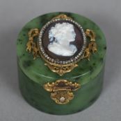 A Russian cameo and gold mounted diamond set carved spinach jade box and cover with 88 Zolotnik