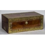 A 19th century brass inlaid rosewood campaign writing slope The hinged lid enclosing a fitted