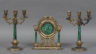 An Italian silver gilt and malachite triple clock garniture with 800 purity mark,